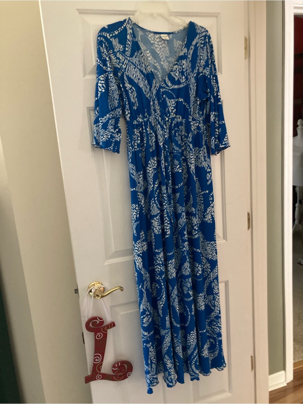Vibrant blue and white print maxi dress